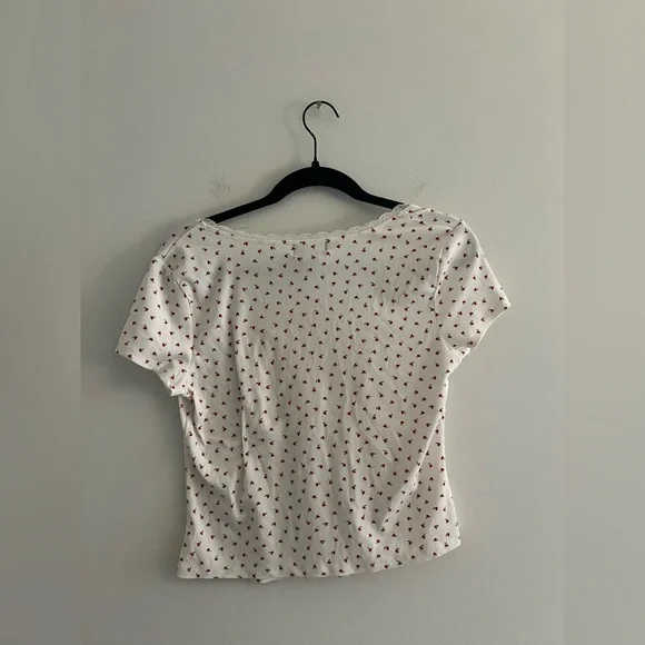 Just Polly NY Cherry Print Ribbed Lace Trim Tie Front Top XL - Picture 4 of 4